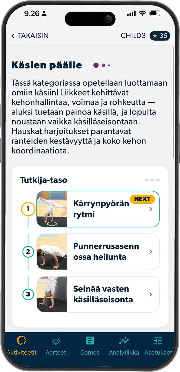 Geego-sovellus puhelimessa liikuntatehtävän aikana